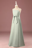 Matcha A line Spaghetti Straps Long Satin Junior Bridesmaid Dress