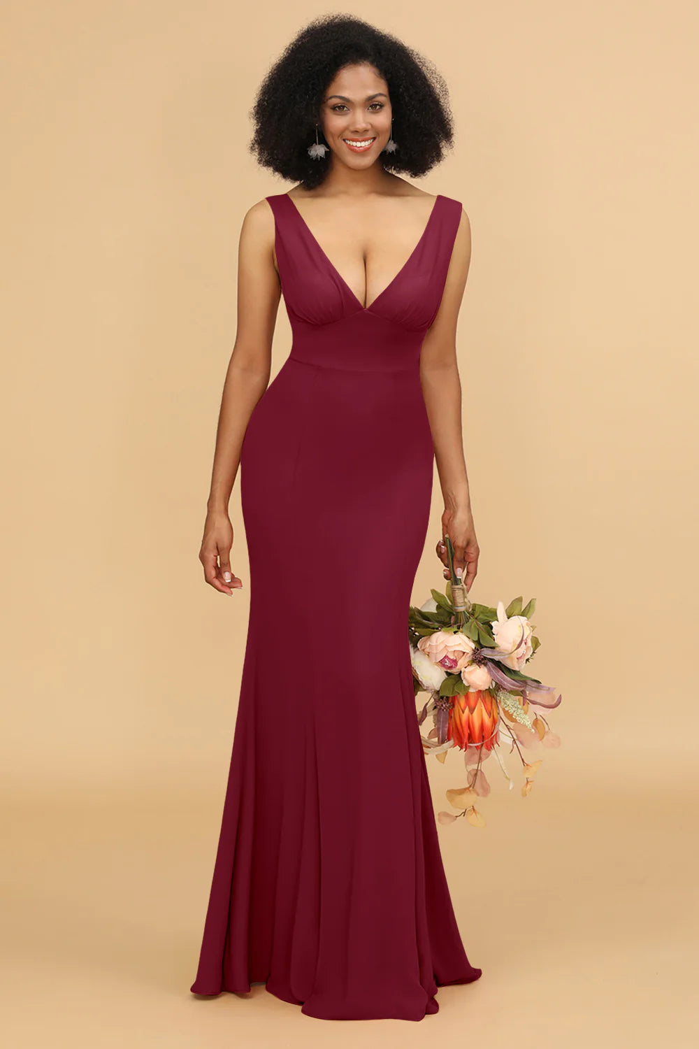 Mermaid V neck Open Back Long Chiffon Bridesmaid Dress With Ruffles