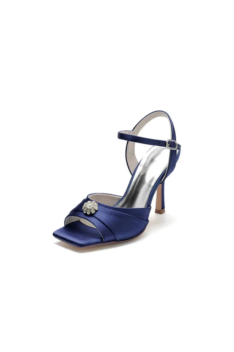 Crystal Flower Square Open Toe Cross Straps Chunky Heels