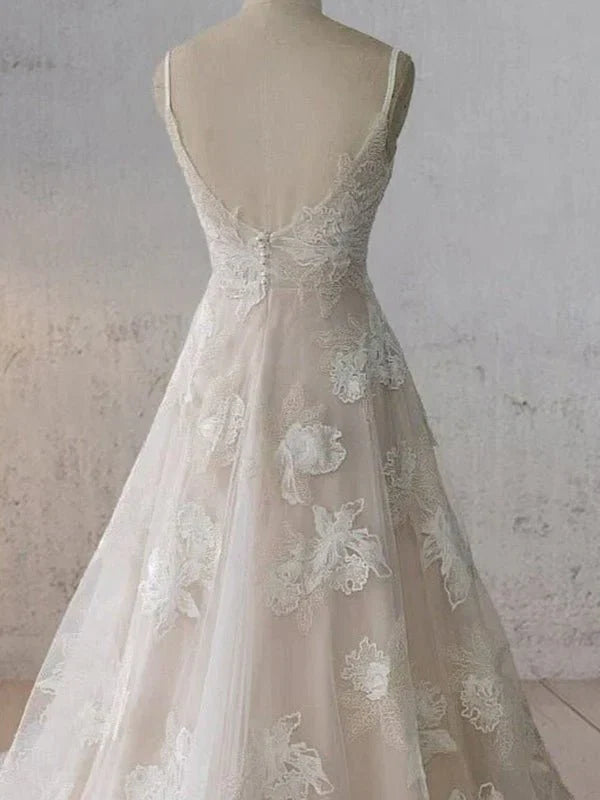 Boho White A Line Lace Appliques Wedding Dress