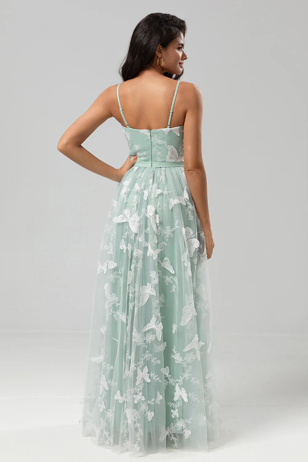 A Line Spaghetti Straps Matcha Long Bridesmaid Dress with 3D Butterfly Embroidery