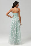 A Line Spaghetti Straps Matcha Long Bridesmaid Dress with 3D Butterfly Embroidery