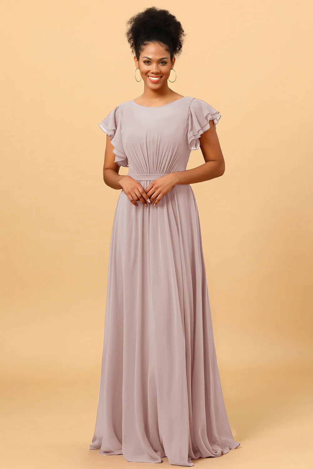 A Line Bateau Neck Ruched Long Chiffon Bridesmaid Dress with Ruffles