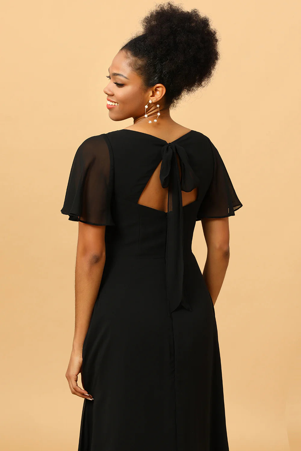 Black A Line V Neck Long Chiffon Floor Length Dress with Slit