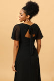 Black A Line V Neck Long Chiffon Floor Length Dress with Slit
