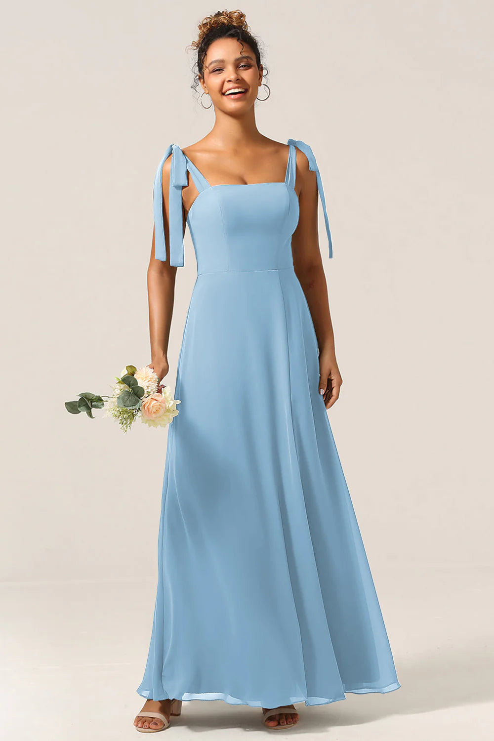 A Line Spaghetti Straps Floor Length Chiffon Bridesmaid Dress with Slit