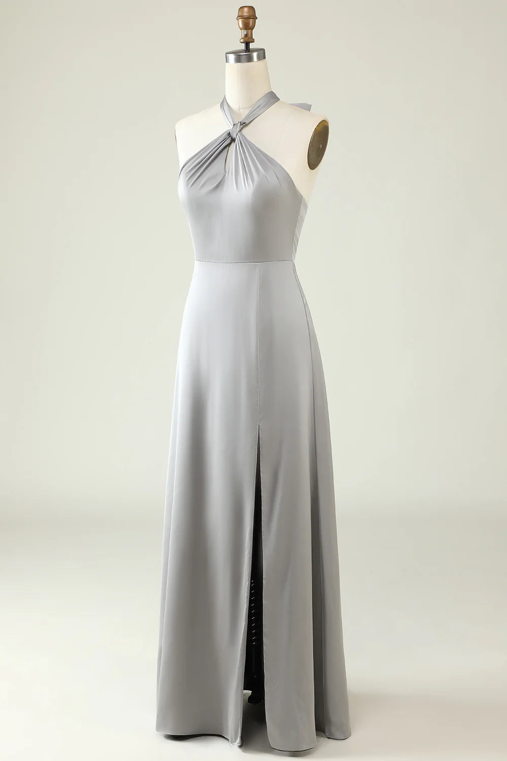 Grey A Line Halter Backless Bright Satin Bridesmaid Dress with Slit