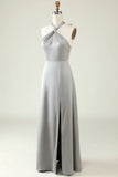 Grey A Line Halter Backless Bright Satin Bridesmaid Dress with Slit