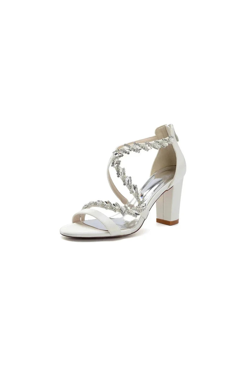 Open Toe Satin Block Heels With Crystal Straps