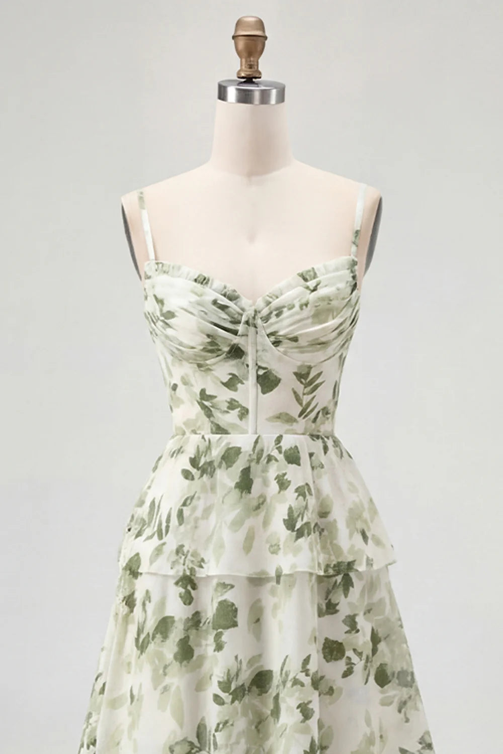 Dusty Sage A Line Corset Tiered Print Floral Long Bridesmaid Dress with Slit