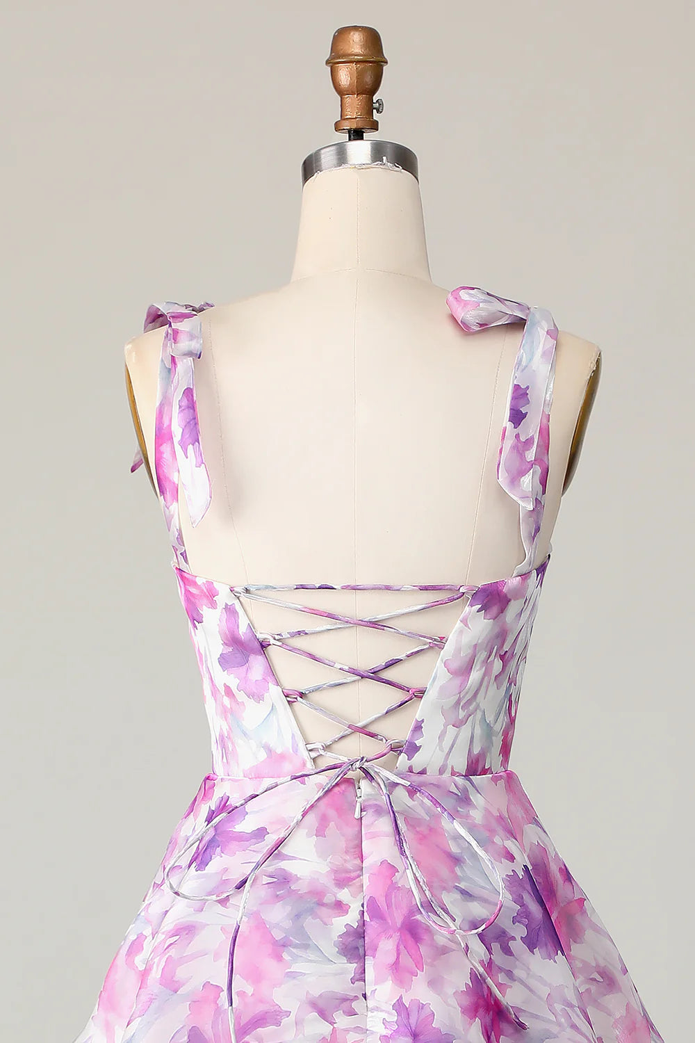 Purple Flower A Line Tiered Print Midi Wedding Guest Dress with Lace Up Back