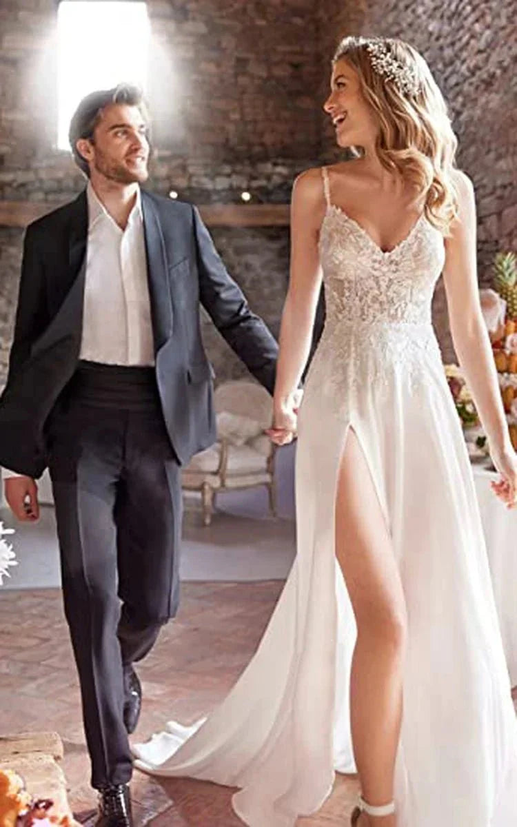 A Line Spaghetti Chiffon Wedding Dress Simple Bohemian Elegant Summer Beach Garden With Open Back And Sleevesless And Split Front