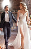 A Line Spaghetti Chiffon Wedding Dress Simple Bohemian Elegant Summer Beach Garden With Open Back And Sleevesless And Split Front