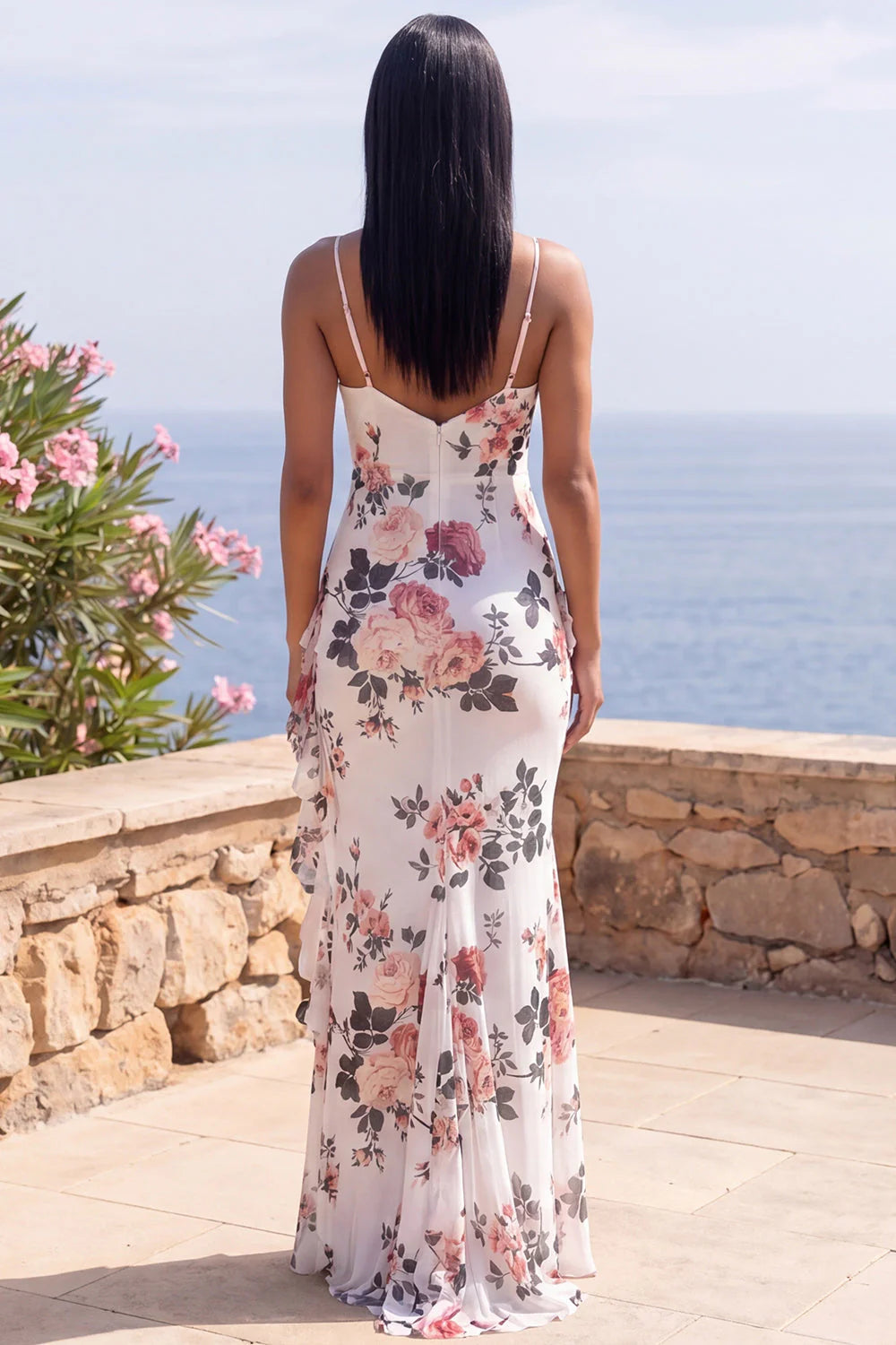 Mermaid Floral Ivory Ruffle Spaghetti Straps Wedding Guest Dress