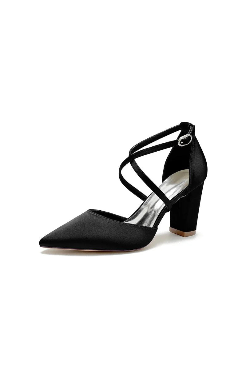 White Satin Pump with Cross Strap and Metal Accent