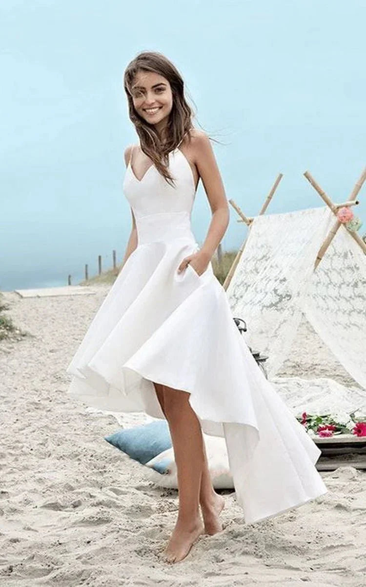 Simple High low Spaghetti Straps Beach Wedding Dress With Ruching