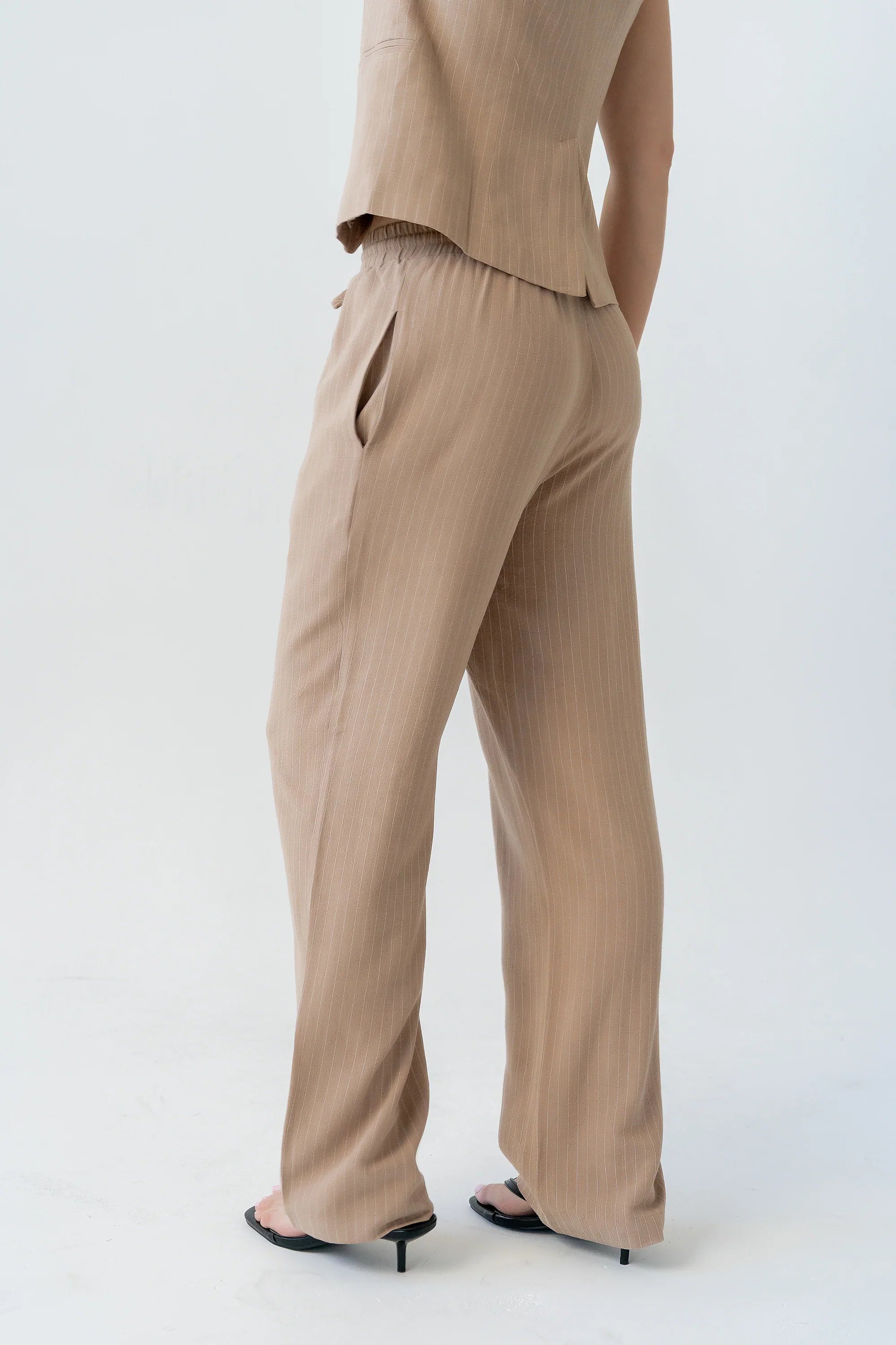 Vivienne Pinstripe Wide Leg Pants in Tan