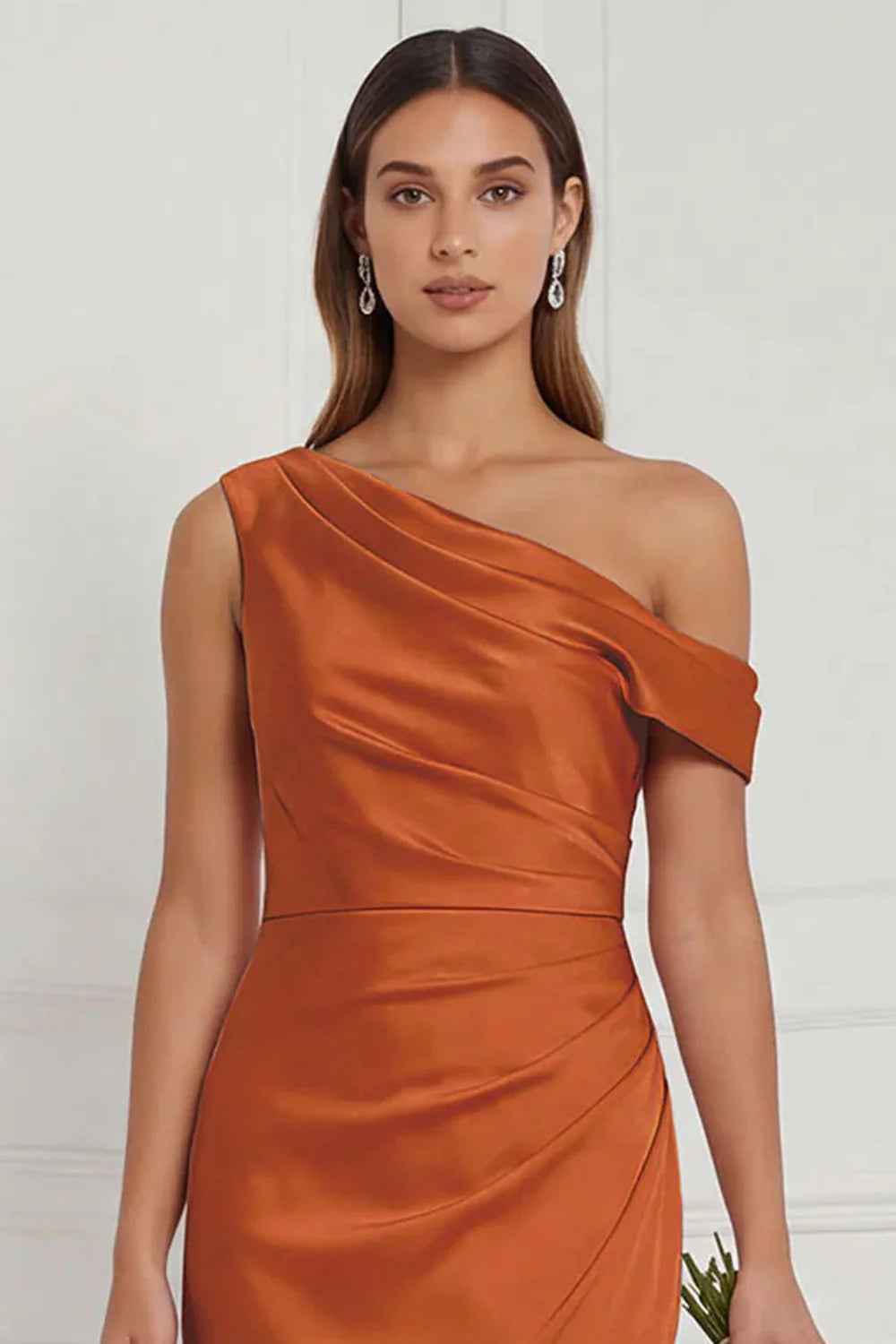 Burnt Orange Asymmetrical Neck Mermaid Ruched Satin Bridesmaid Dress