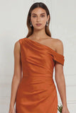 Burnt Orange Asymmetrical Neck Mermaid Ruched Satin Bridesmaid Dress
