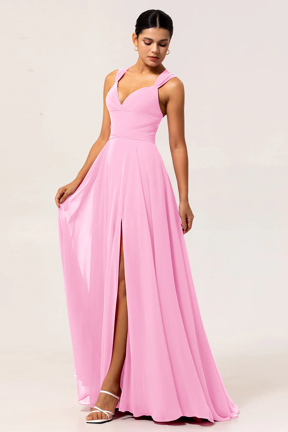 Fuchsia A Line Backless Long Convertible Chiffon Dress with Slit