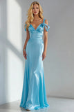 Sky Blue Mermaid Satin Backless Long Formal Dress with Bows