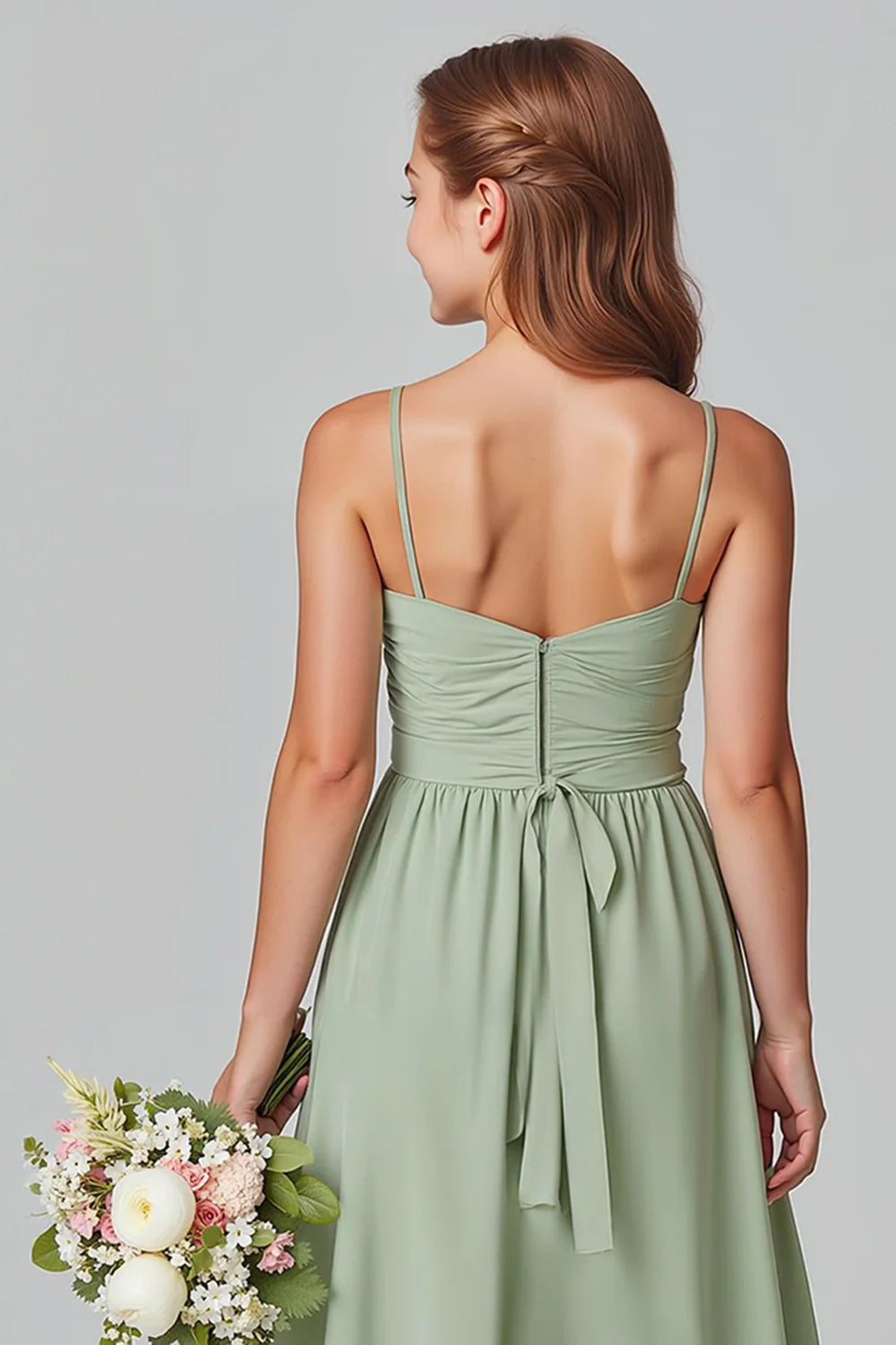 Ruffled Chiffon Sage Green A Line Spaghetti Straps Long Junior Bridesmaid Dress