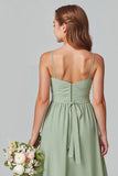 Ruffled Chiffon Sage Green A Line Spaghetti Straps Long Junior Bridesmaid Dress