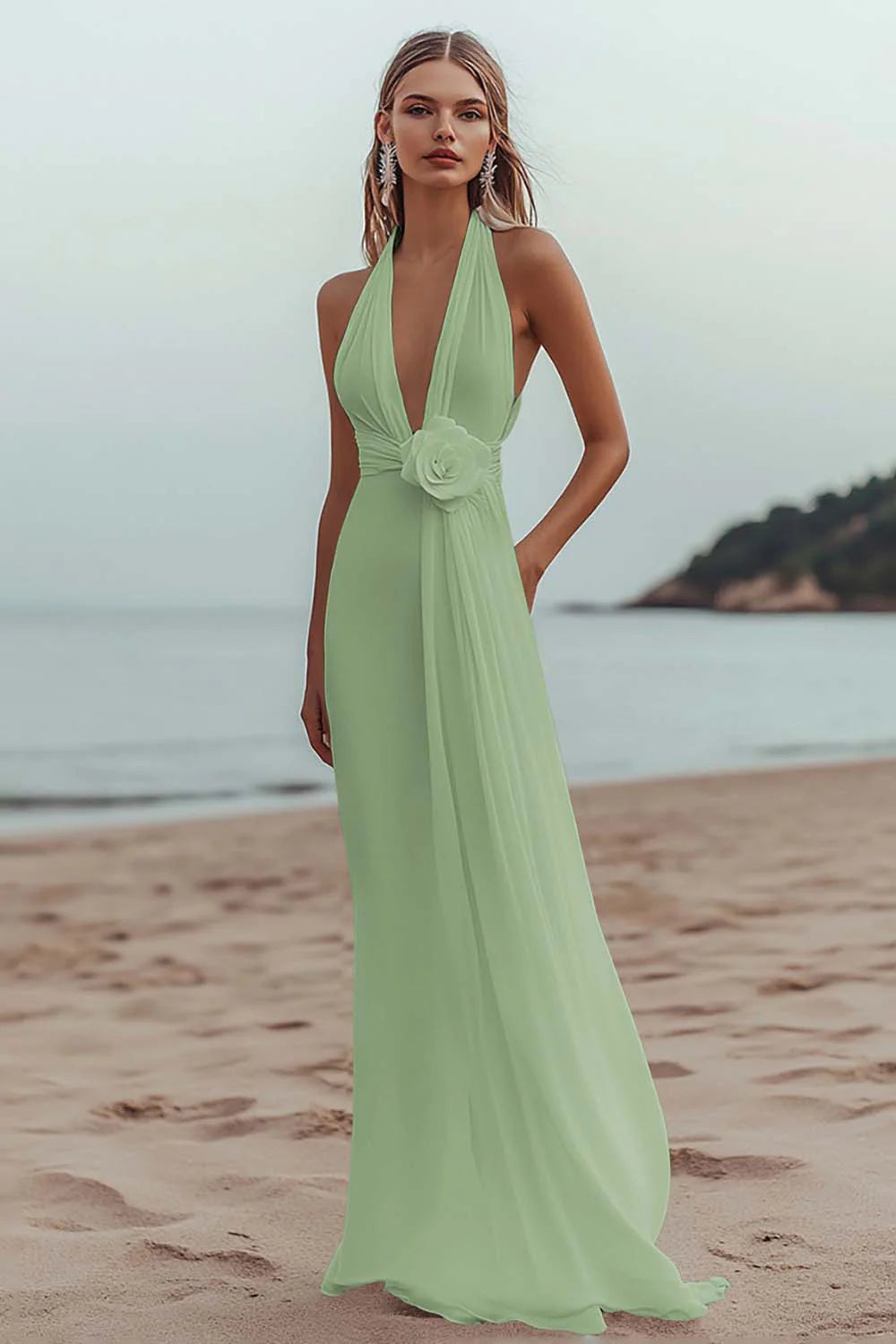 White A Line V Neck Engagement Dress With 3D Flowers