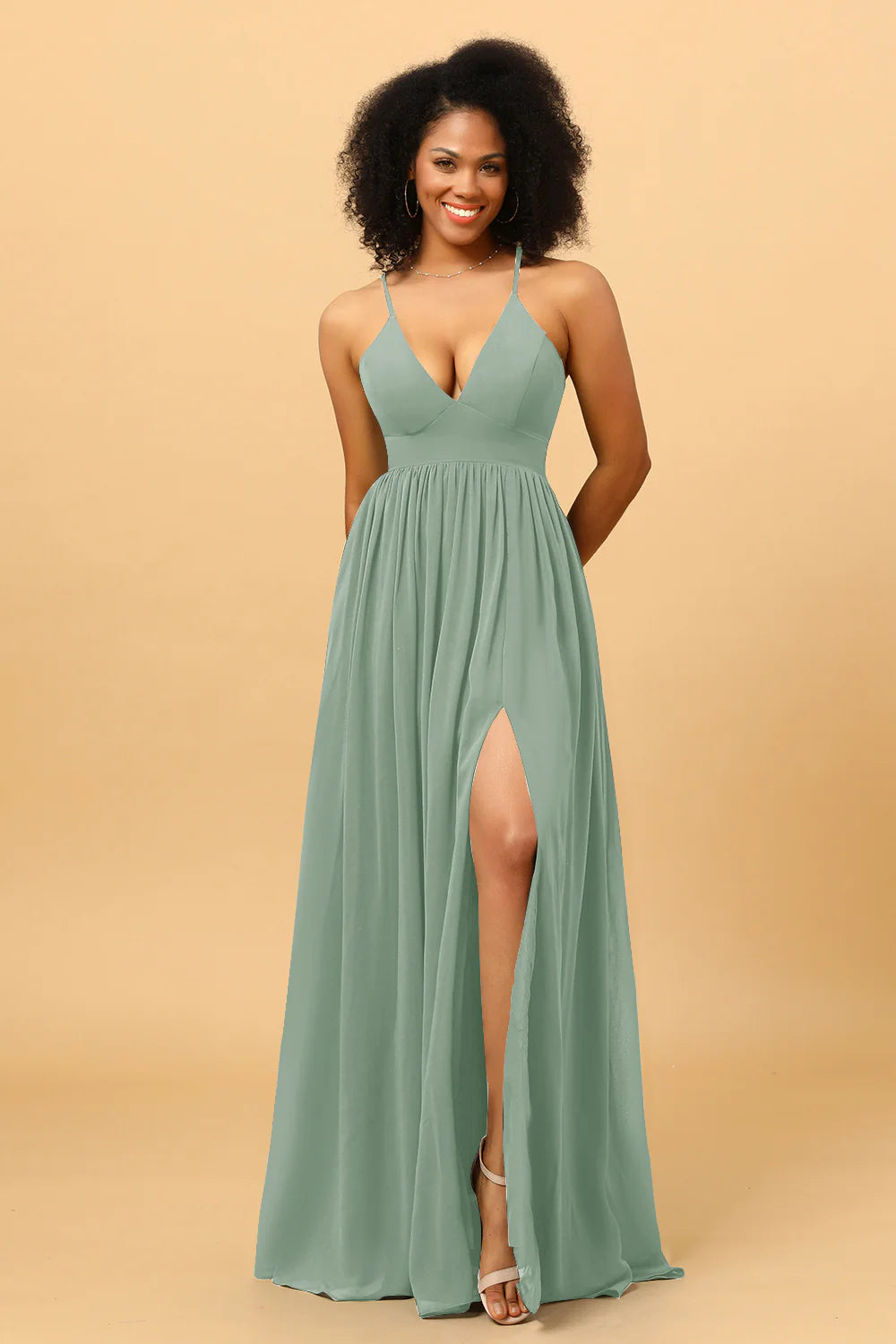 A Line V Neck Spaghetti Straps Chiffon Bridesmaid Dress with Slit