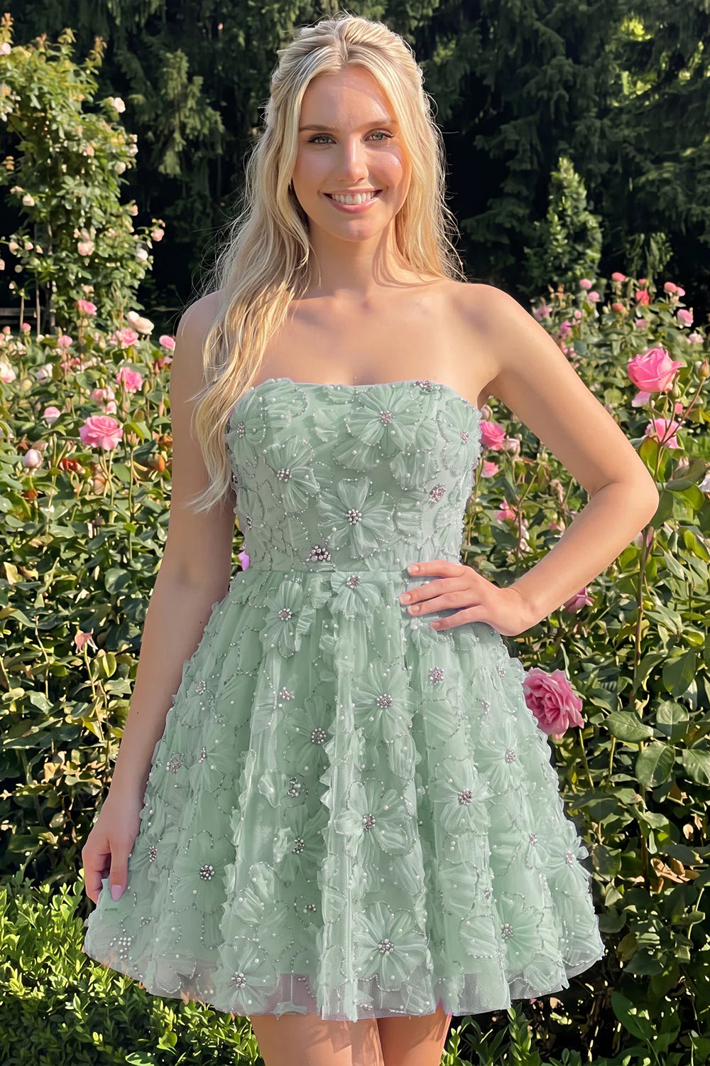 Sage Beaded Strapless A Line Short Homecoming Dress