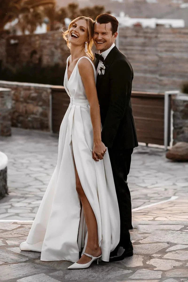 Attractive Deep V Neck White Satin Bohemian Wedding Dress