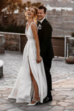 Attractive Deep V Neck White Satin Bohemian Wedding Dress