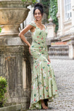 Green Large Flower Sheath Ruched Long Bridesmaid Dress