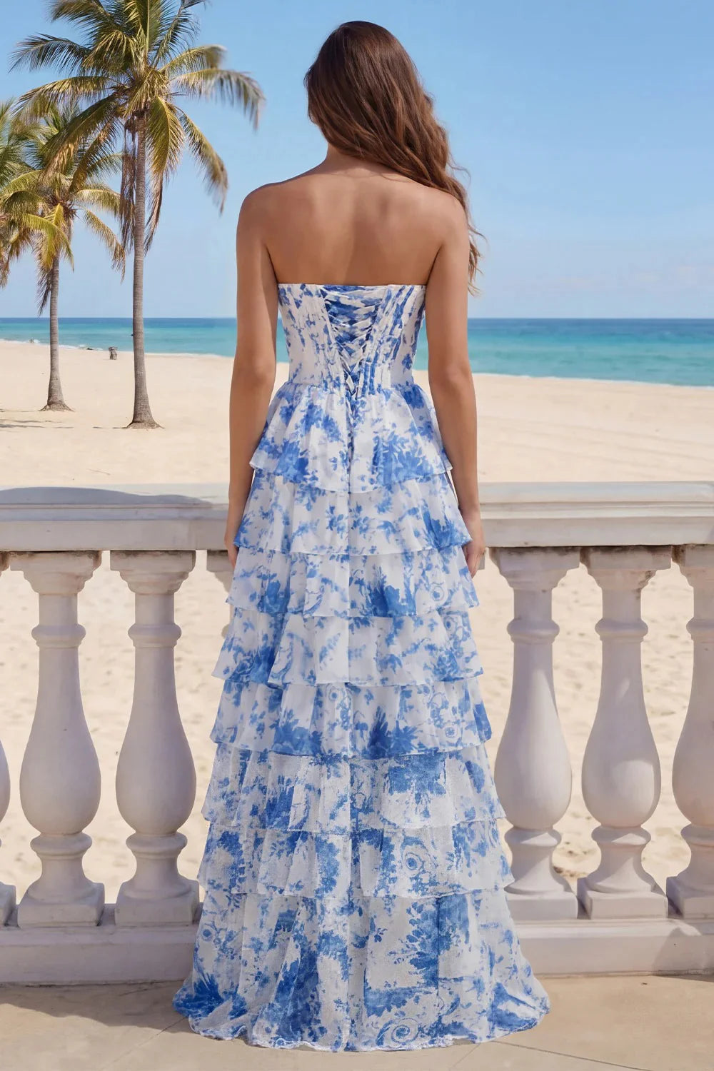 Strapless White Blue Flower A Line Tiered Corset Long Prom Dress with Slit