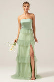 Matcha A Line Tiered Strapless Tiered Long Bridesmaid Dress With Slit