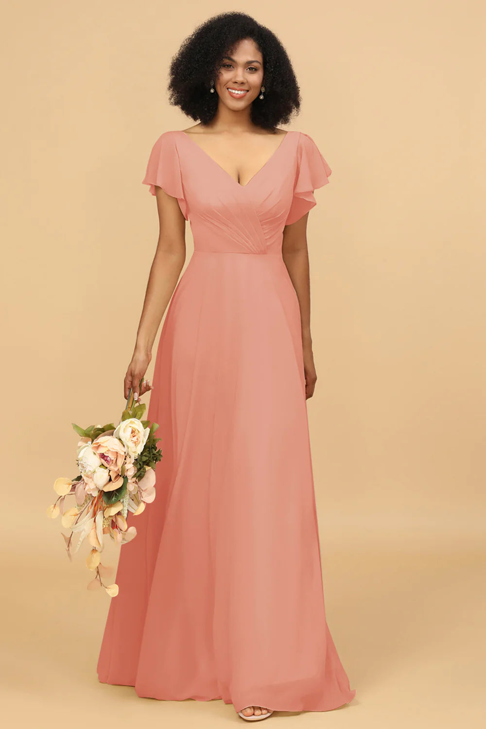V Neck Cape Long Floor Length Chiffon Bridesmaid Dress