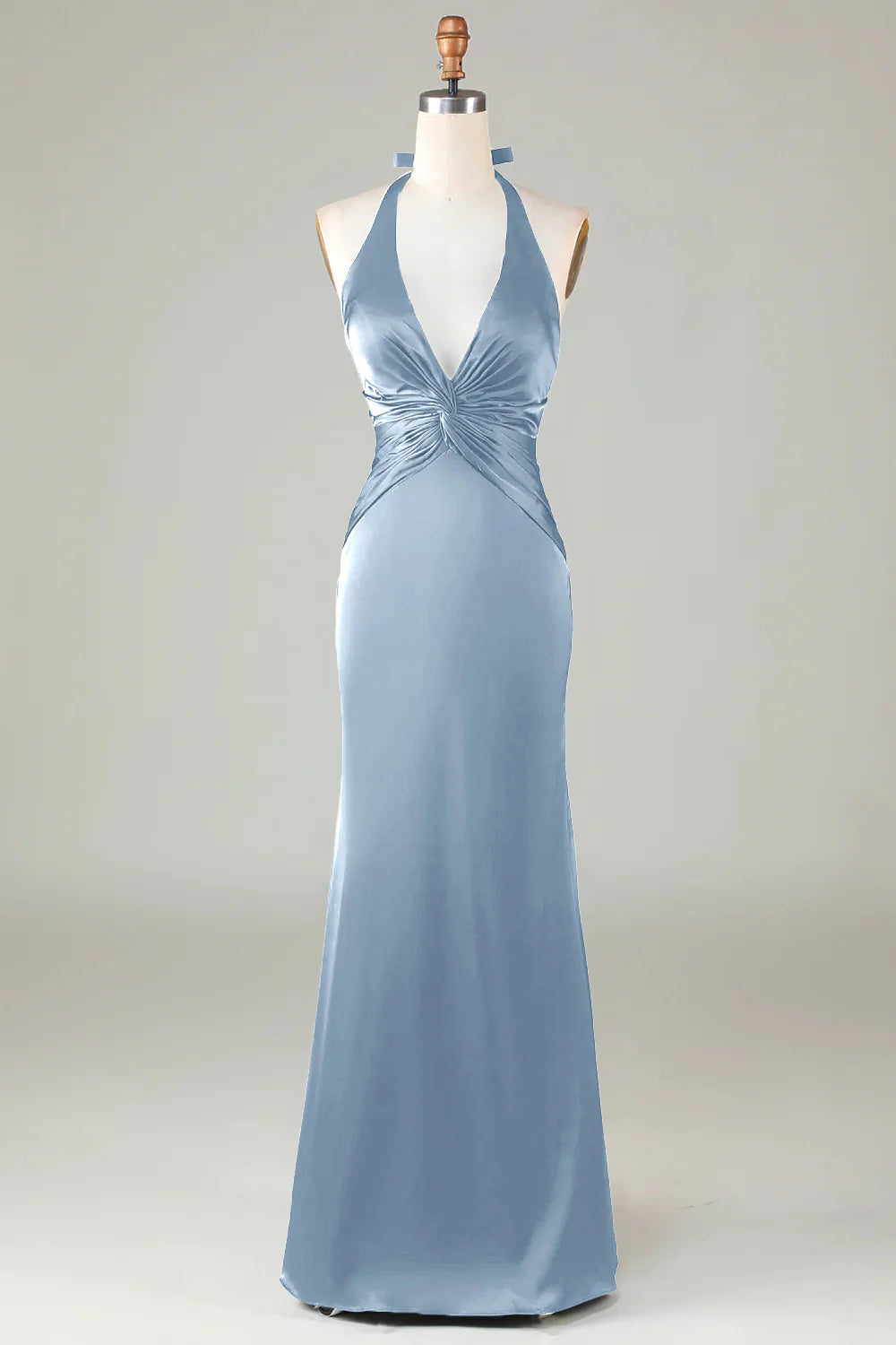 Blushing Pink Mermaid Halter V Neck Open Back Satin Ruched Long Bridesmaid Dress