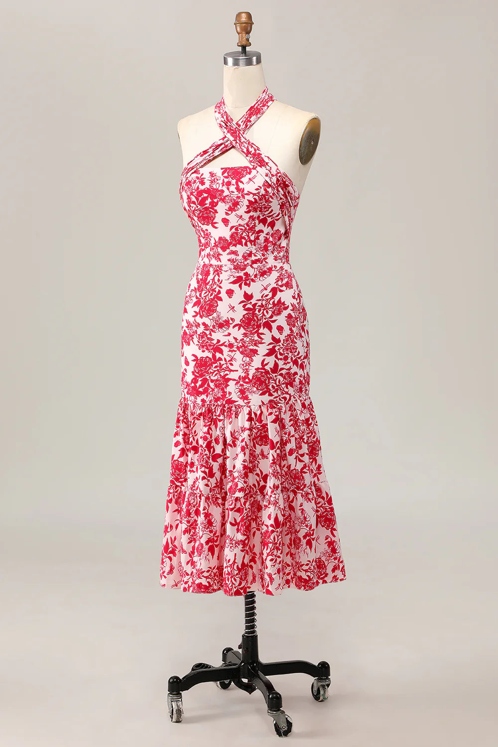 Red Flower Mermaid Halter Printed Midi Wedding Guest Dress