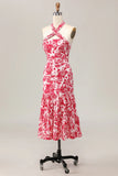 Red Flower Mermaid Halter Printed Midi Wedding Guest Dress