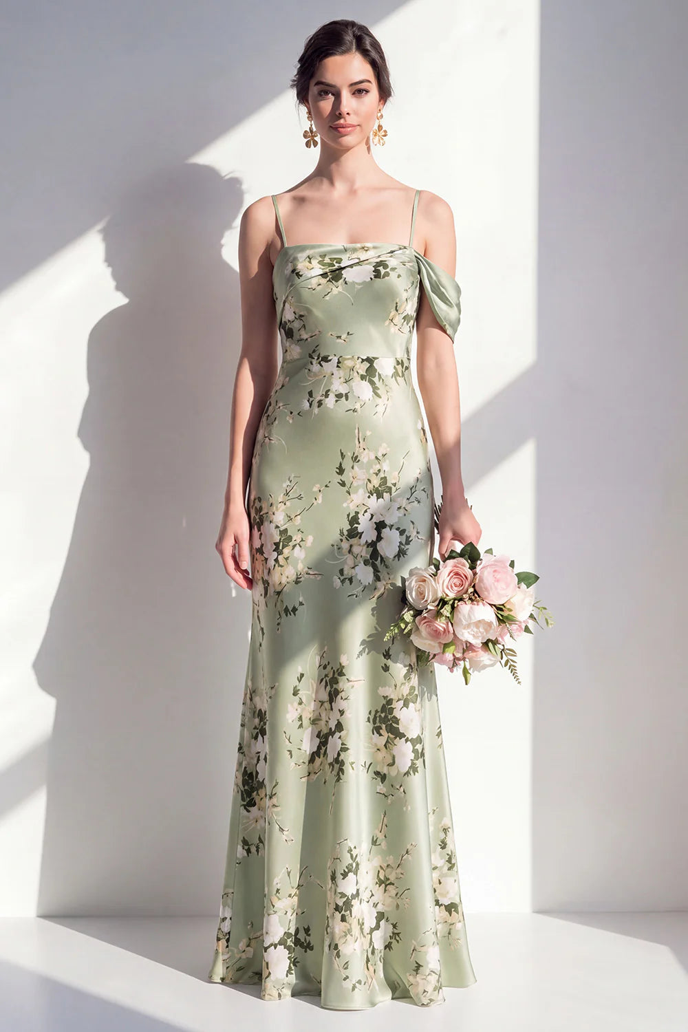 Mermaid Sage Green Floral Spaghetti Straps Long Bridesmaid Dress