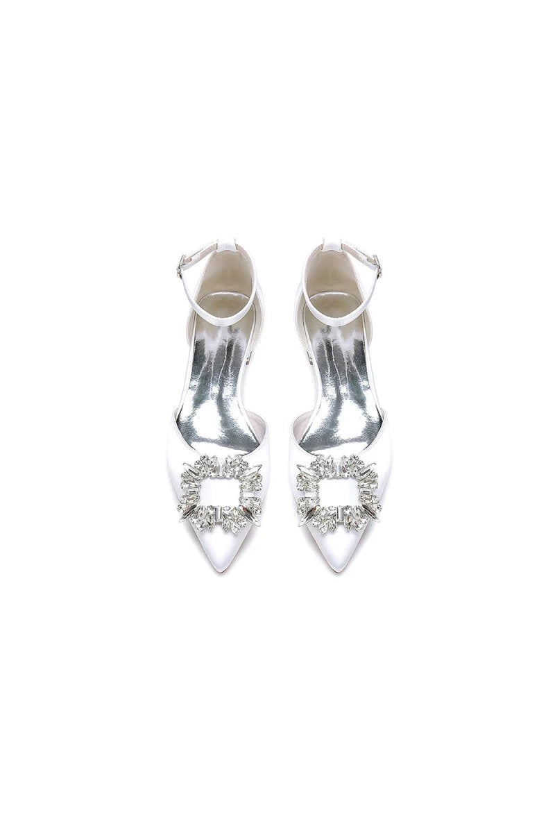 Rhinestone Pointed Toe Ankle Strap Satin Kitten Heels