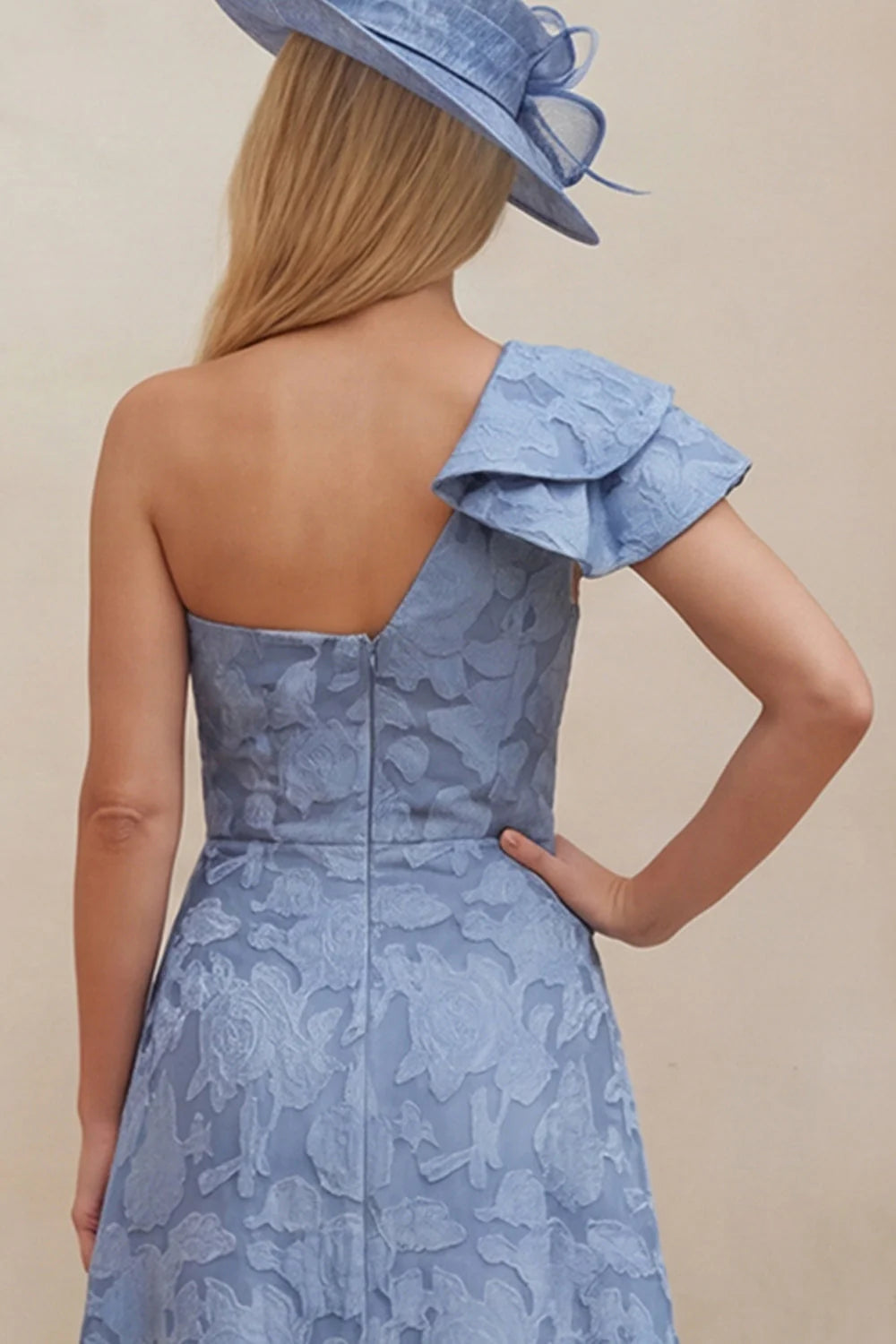 Dusty Blue Floral One Shoulder A Line High Low Mother of the Bride Dress