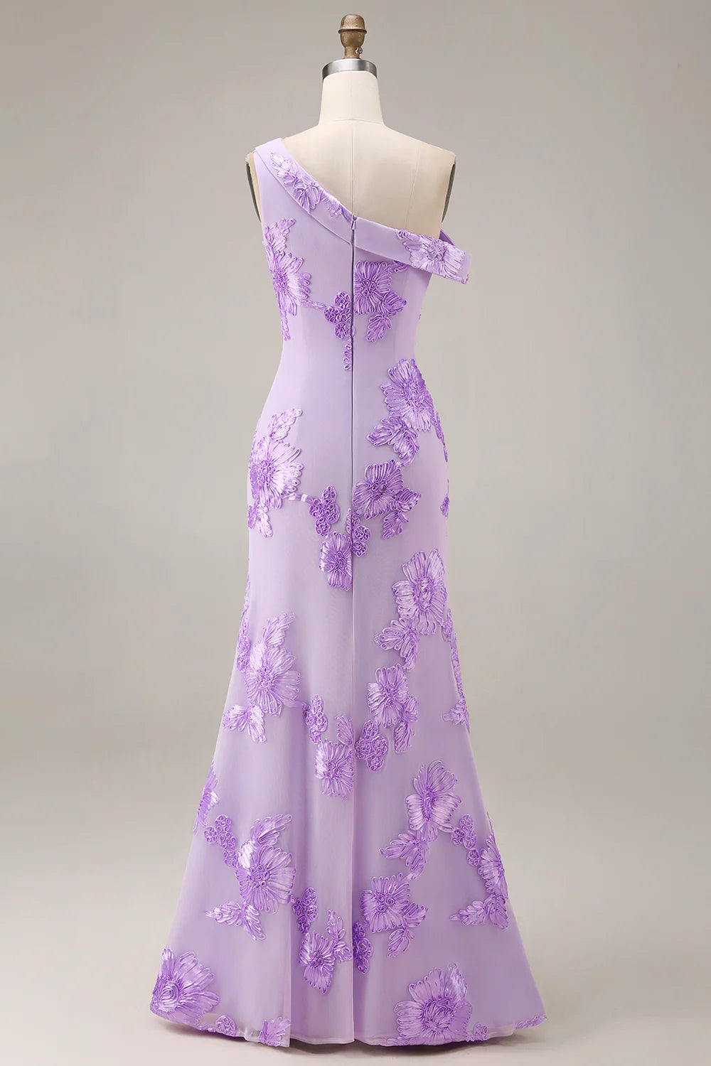 Blue Asymmetrical Neck Mermaid Appliqued Long Prom Dress