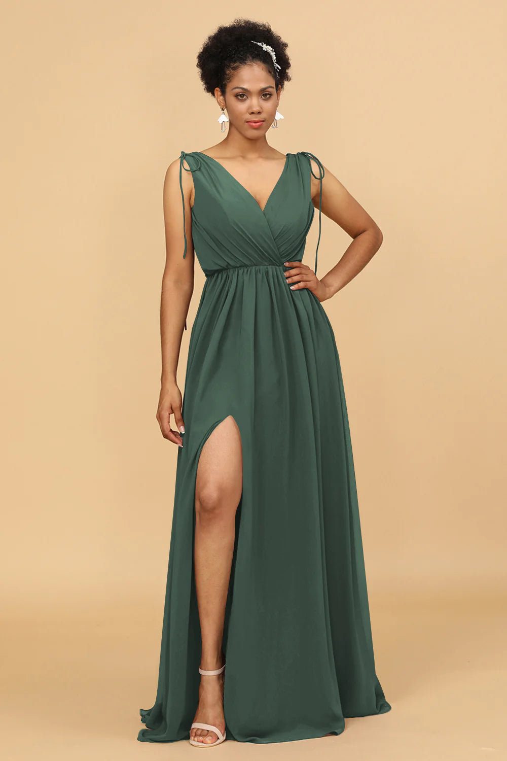 A Line Ruched V Neck Sleeveless Chiffon Bridesmaid Dress with Slit