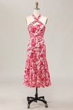 Red Flower Mermaid Halter Printed Midi Wedding Guest Dress