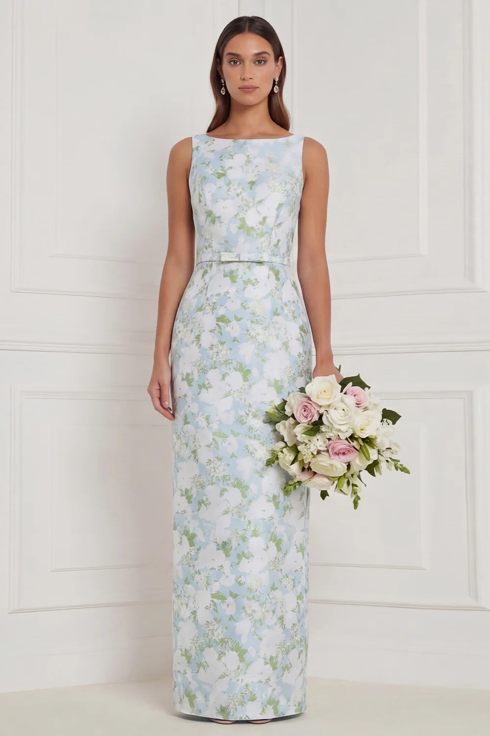 Sheath Blue White Floral Bateau Neck Long Bridesmaid Dress