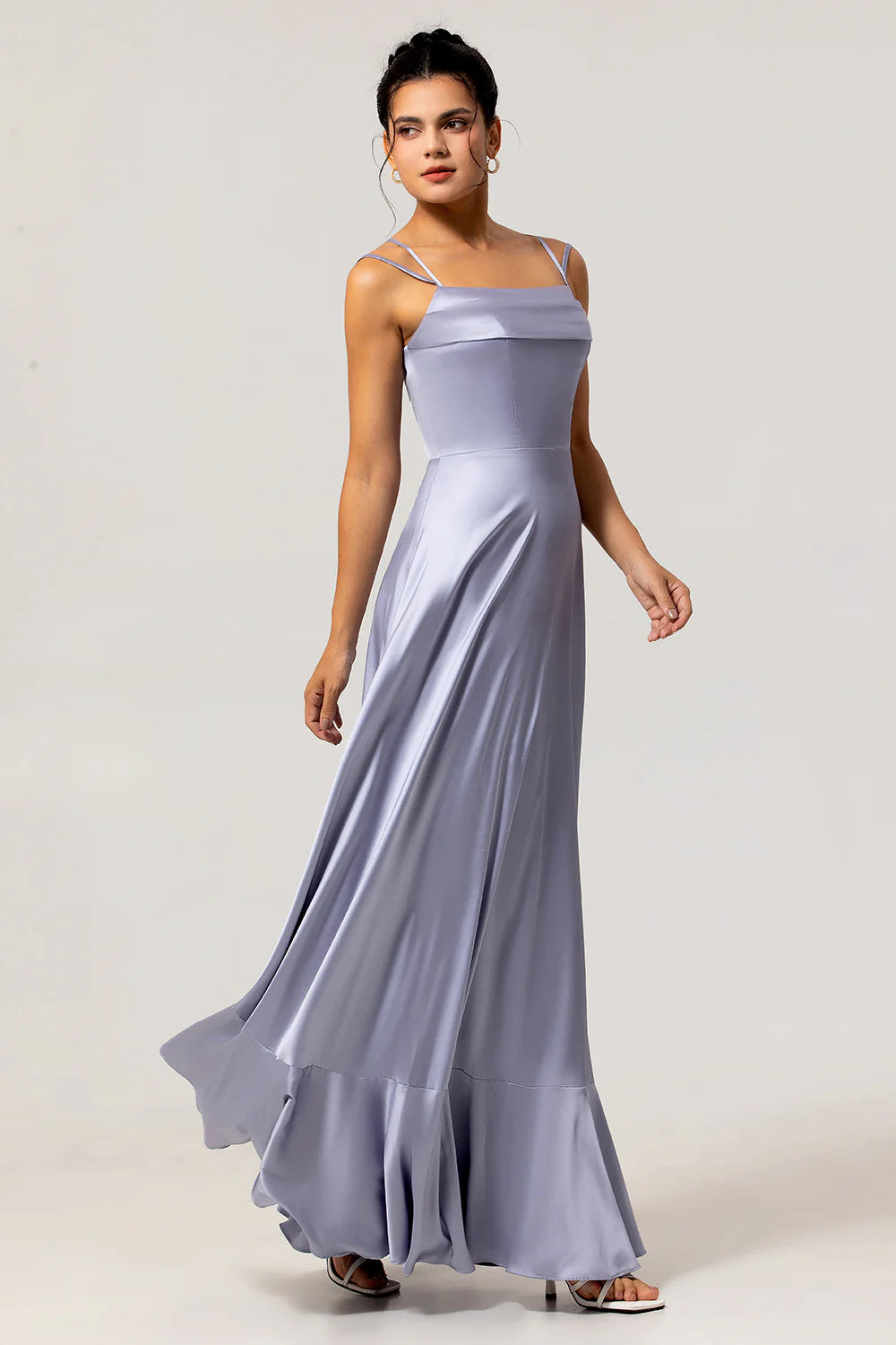 Dusty Blue A Line Satin Long Plus Size Bridesmaid Dress with Lace Up Back