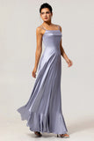 Dusty Blue A Line Spaghetti Straps Satin Long Bridesmaid Dress with Lace Up Back