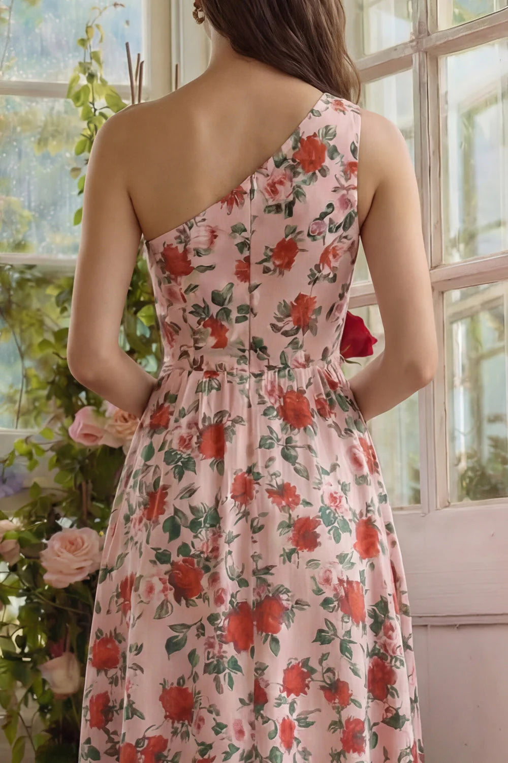 One Shoulder Pink A Line Floral Midi Wedding Guest Dress