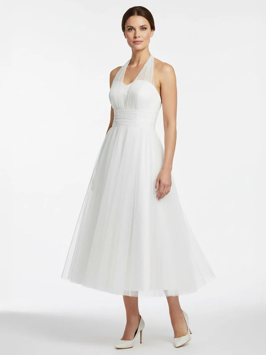 Halter A Line Tea Length Tulle Wedding Dress With Ruching